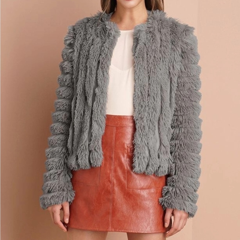 NWT Anthropologie Greylin gray faux fur jacket, XS
